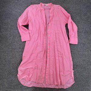 ZARA M Pink Linen Cotton Button Front Shirt Dress Tunic Long Sleeve High Low